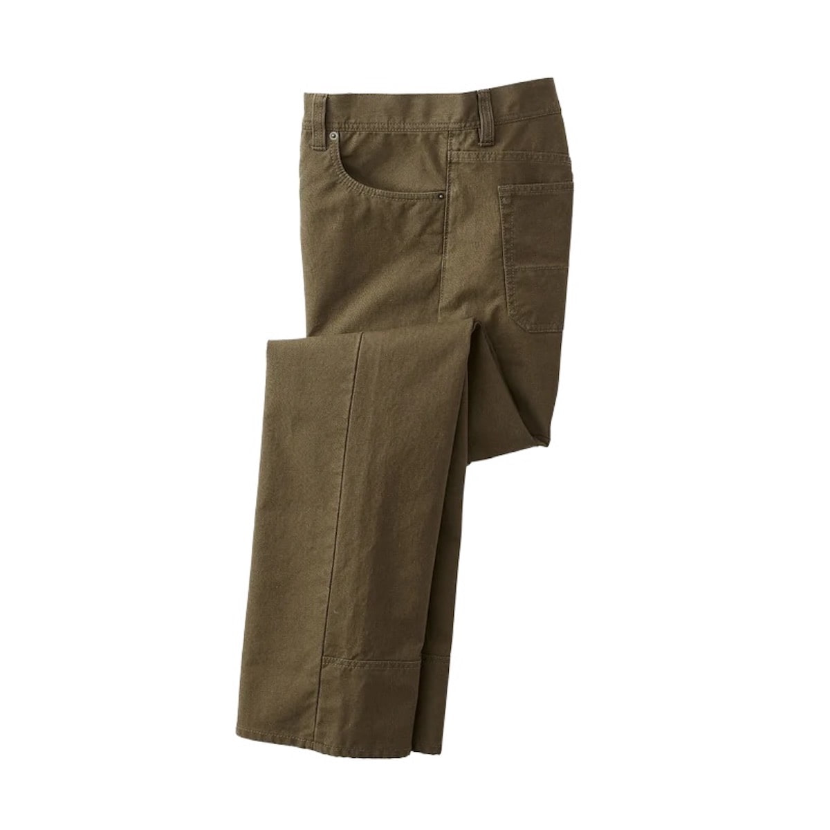 A pair of olive green Filson pants folded neatly on a solid white background, showing the front pocket and fabric texture.