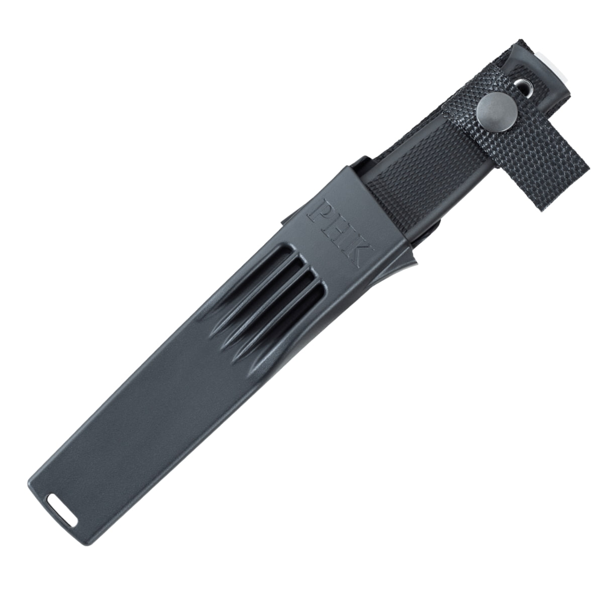 A black Fallkniven PHK knife sheath with a textured nylon loop and metal snap button, shown on a plain white background.