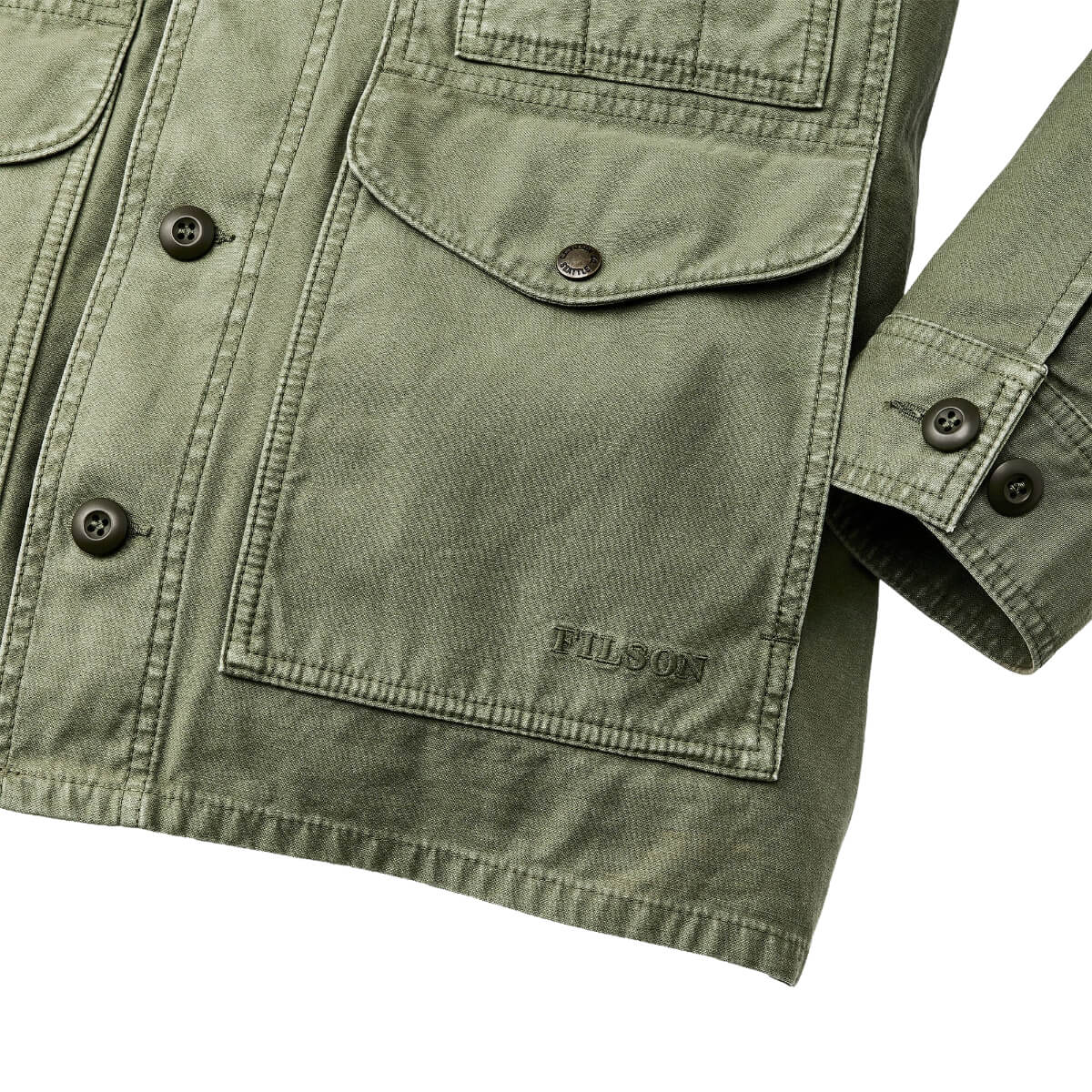 Green jacket with button details and 'Filson' branding on a white background