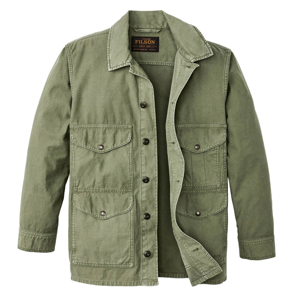 Green jacket with button details on a white background