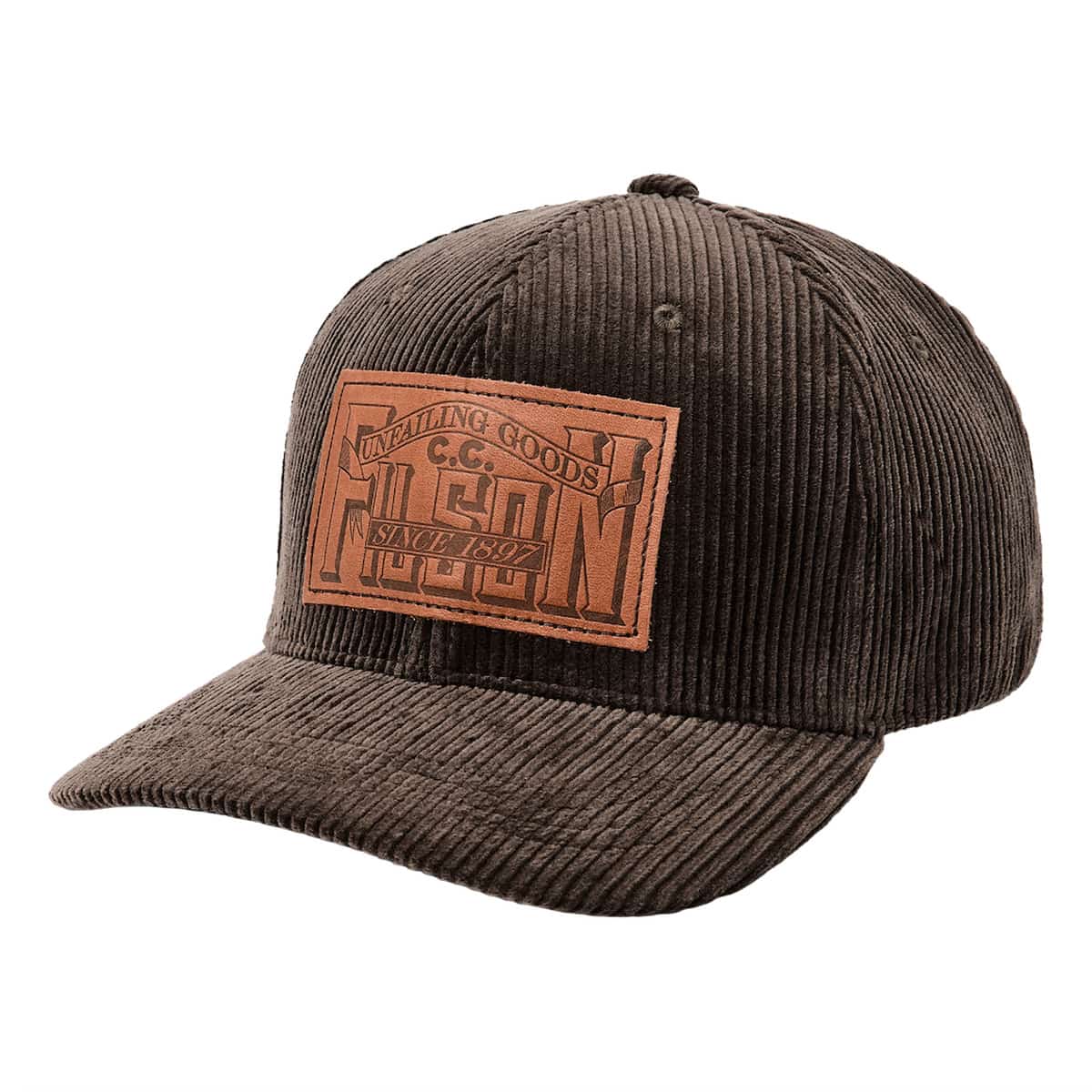 A dark brown Filson corduroy baseball cap with a brown leather patch on the front that reads FILSON