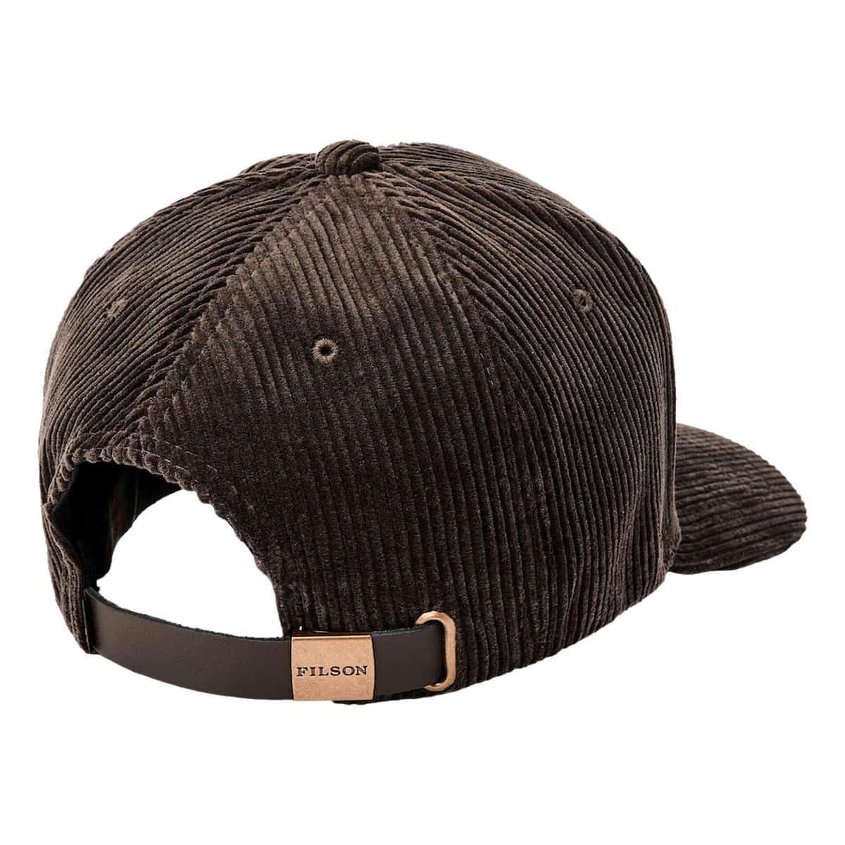 A dark brown Filson corduroy baseball cap shown from the back, featuring a dark brown adjustable strap with a tan leather brand tab that reads 'FILSON'.