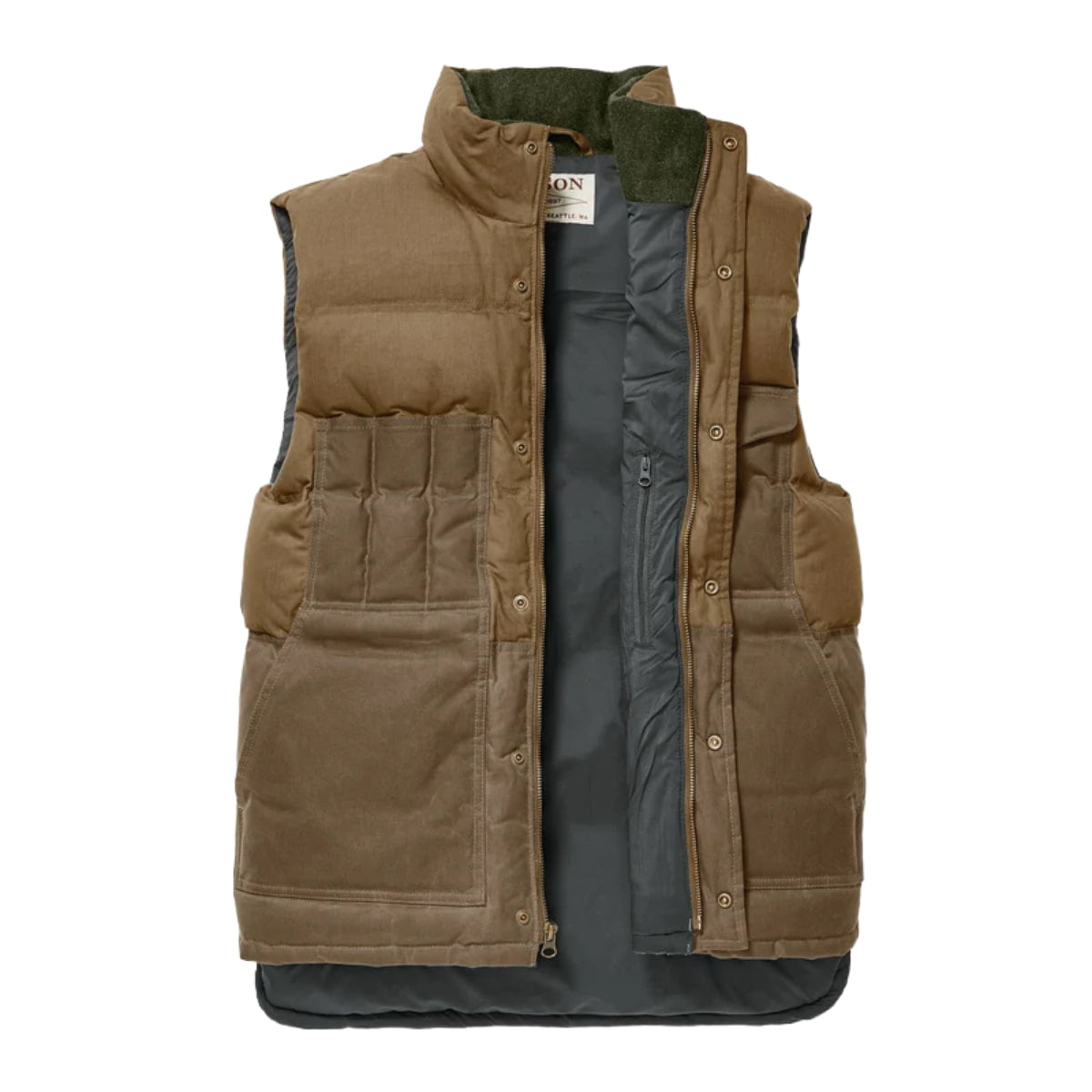 A brown Filson Down Cruiser Vest with a dark gray interior lining and an olive green collar, shown against a plain white background.