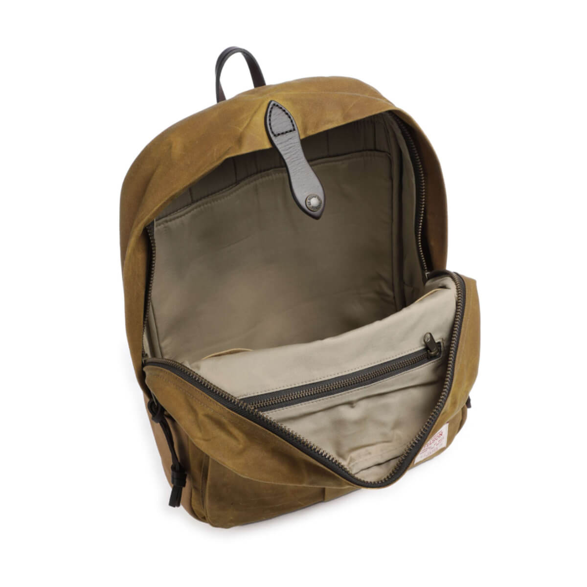 Brown backpack with open front compartment on a white background