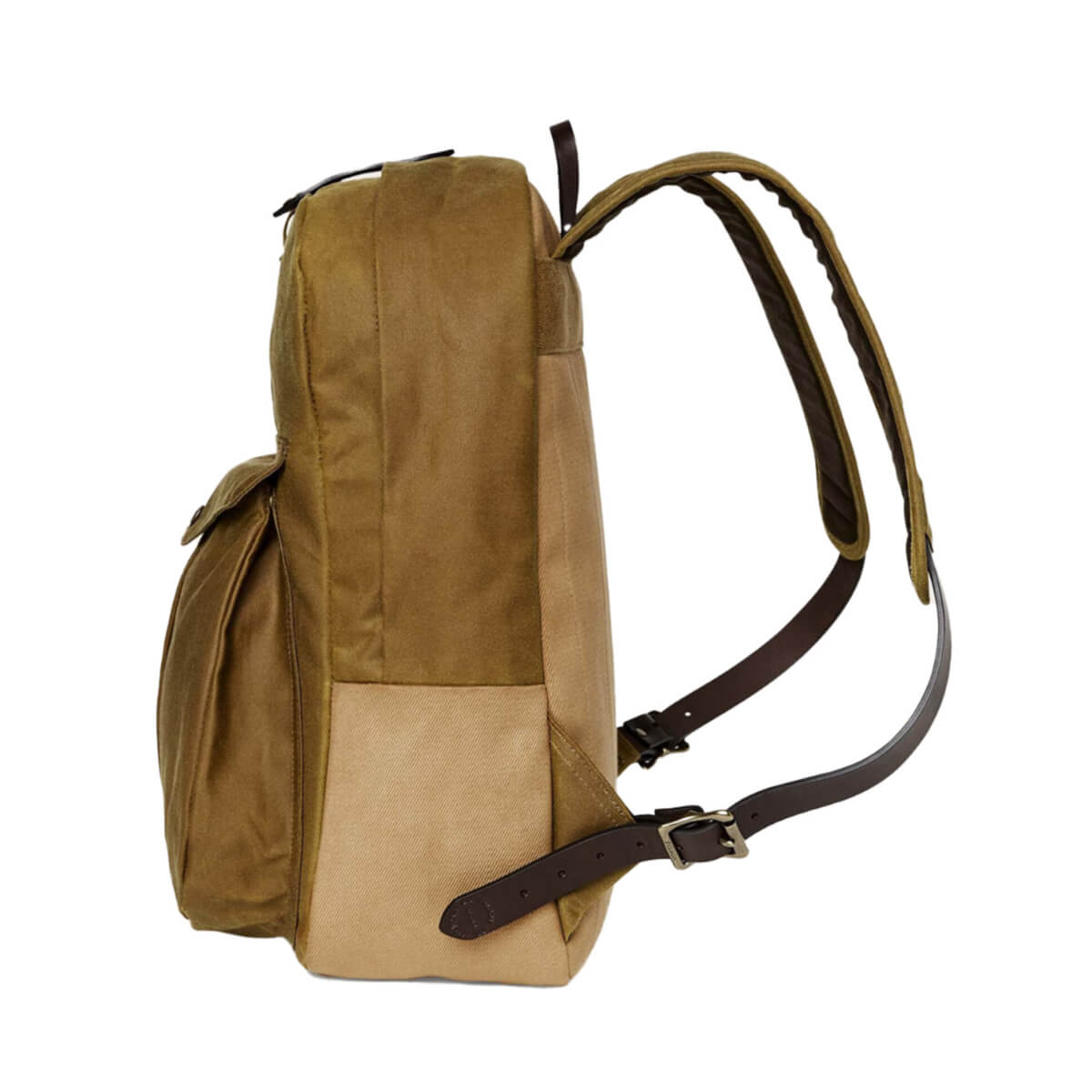 Brown backpack with a leather strap on a white background