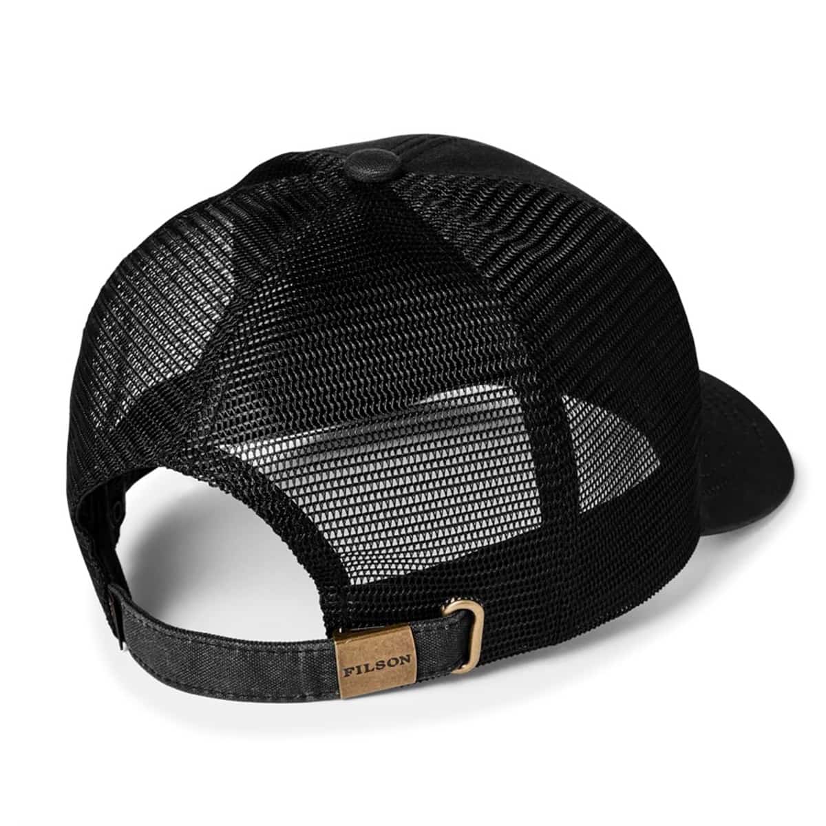 Black mesh Filson trucker cap shown from the back, featuring a black adjustable strap with a tan leather brand patch and brass buckle. The brand name 'FILSON' is clearly visible on the patch.