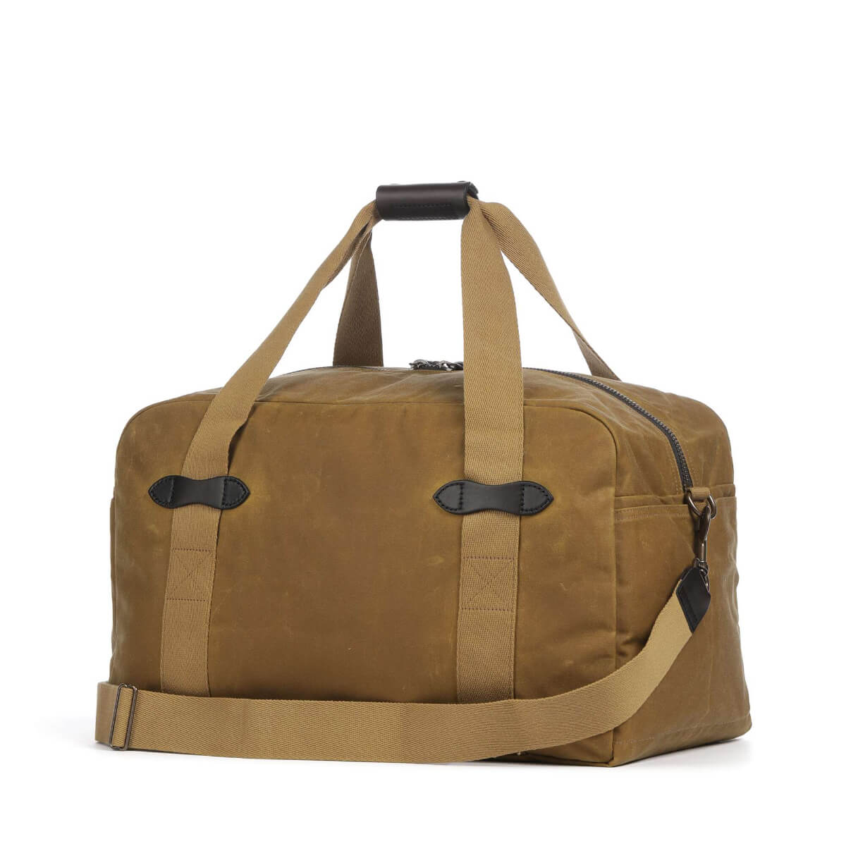 Brown duffel bag with black zippers on a white background