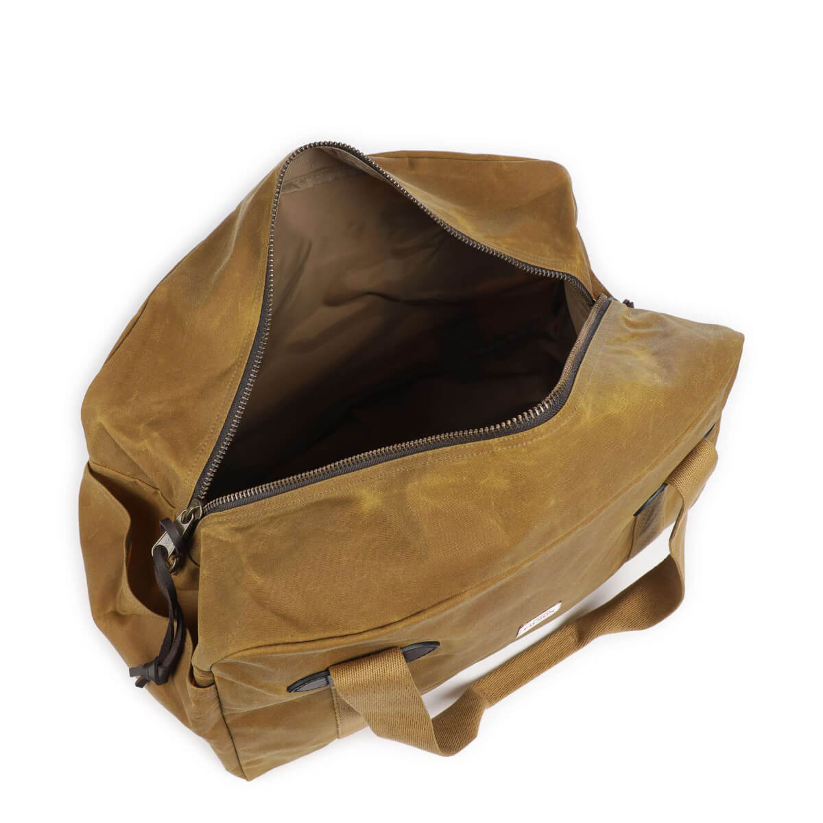 Brown duffel bag with open top on a white background