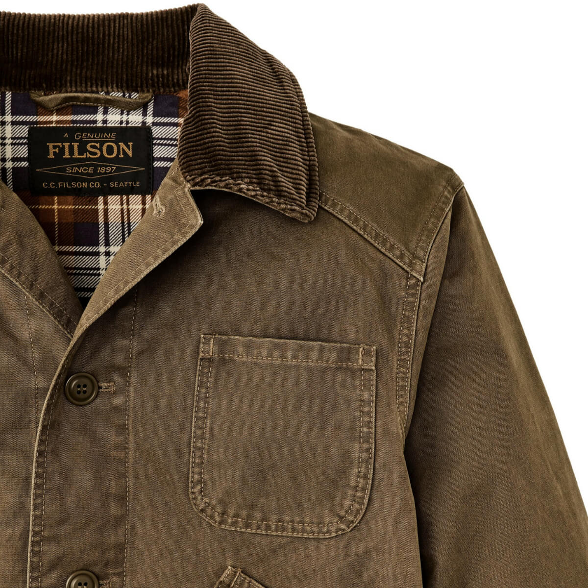 Brown jacket with plaid lining and Filson label on a white background