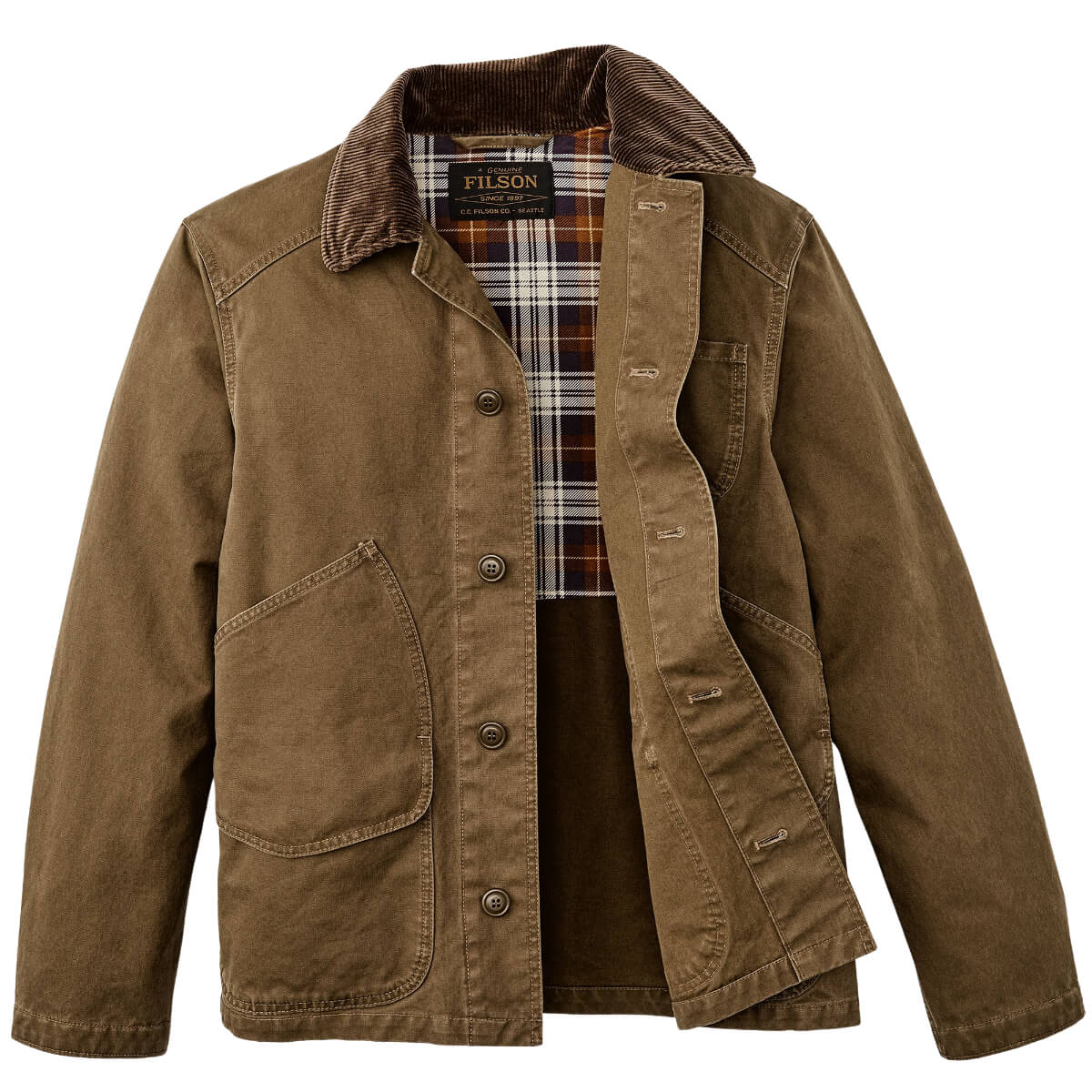 Brown jacket with plaid lining on a white background