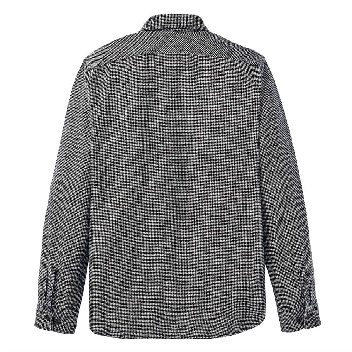 A long-sleeve button-up shirt with a fine micro-check pattern in gray and black, shown from the back on a white background.
