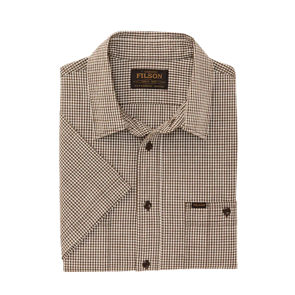 Folded checkered shirt with Filson logo on a white background
