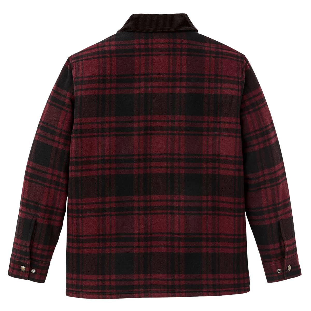 A long-sleeve plaid Filson overshirt shown from the back, featuring a deep red and black tartan pattern with a dark corduroy collar and buttoned cuffs.