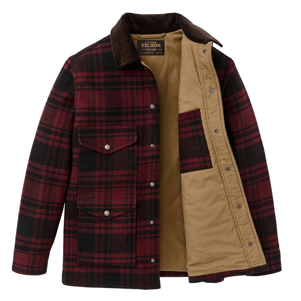 A Filson jacket with a red and black plaid flannel exterior, a tan waxed cotton shell, and a brown sherpa collar, shown open on a white background.