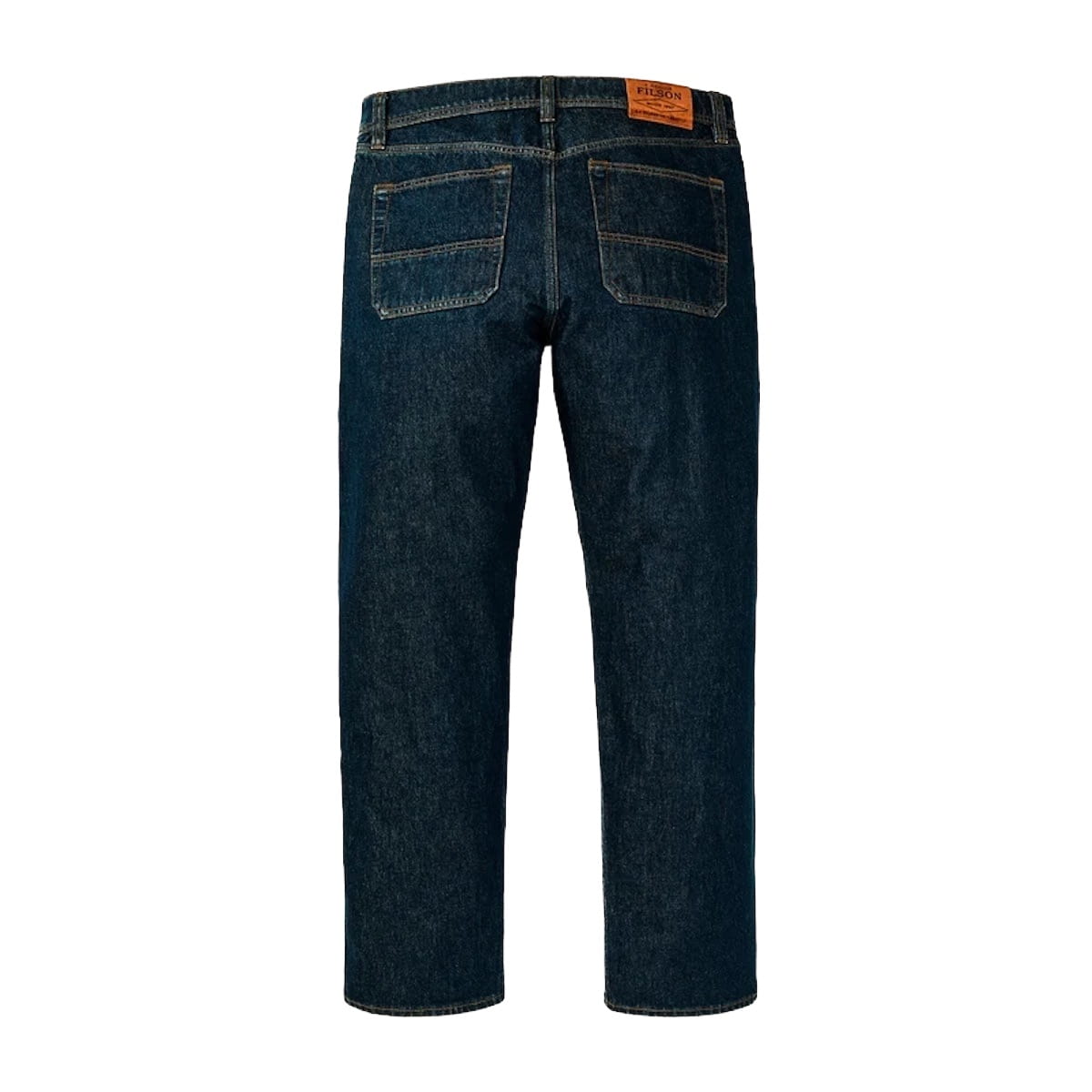 Back view of dark blue Filson denim jeans on a white background, showing the back pockets and a brown leather Filson brand patch at the waistband.