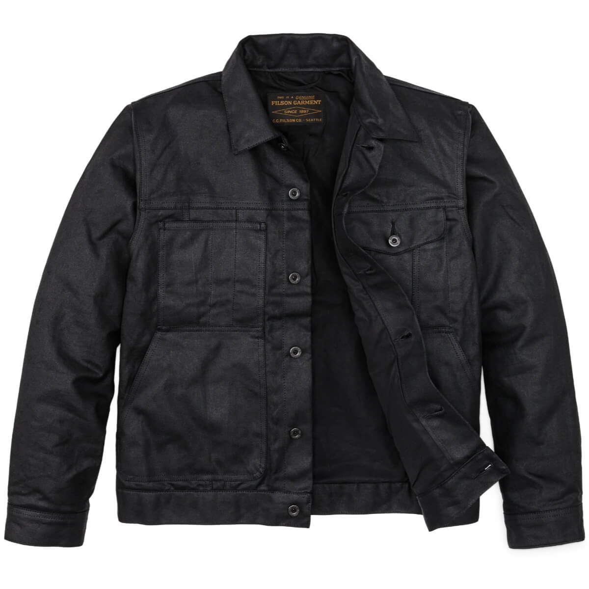 Black jacket with button details on a white background