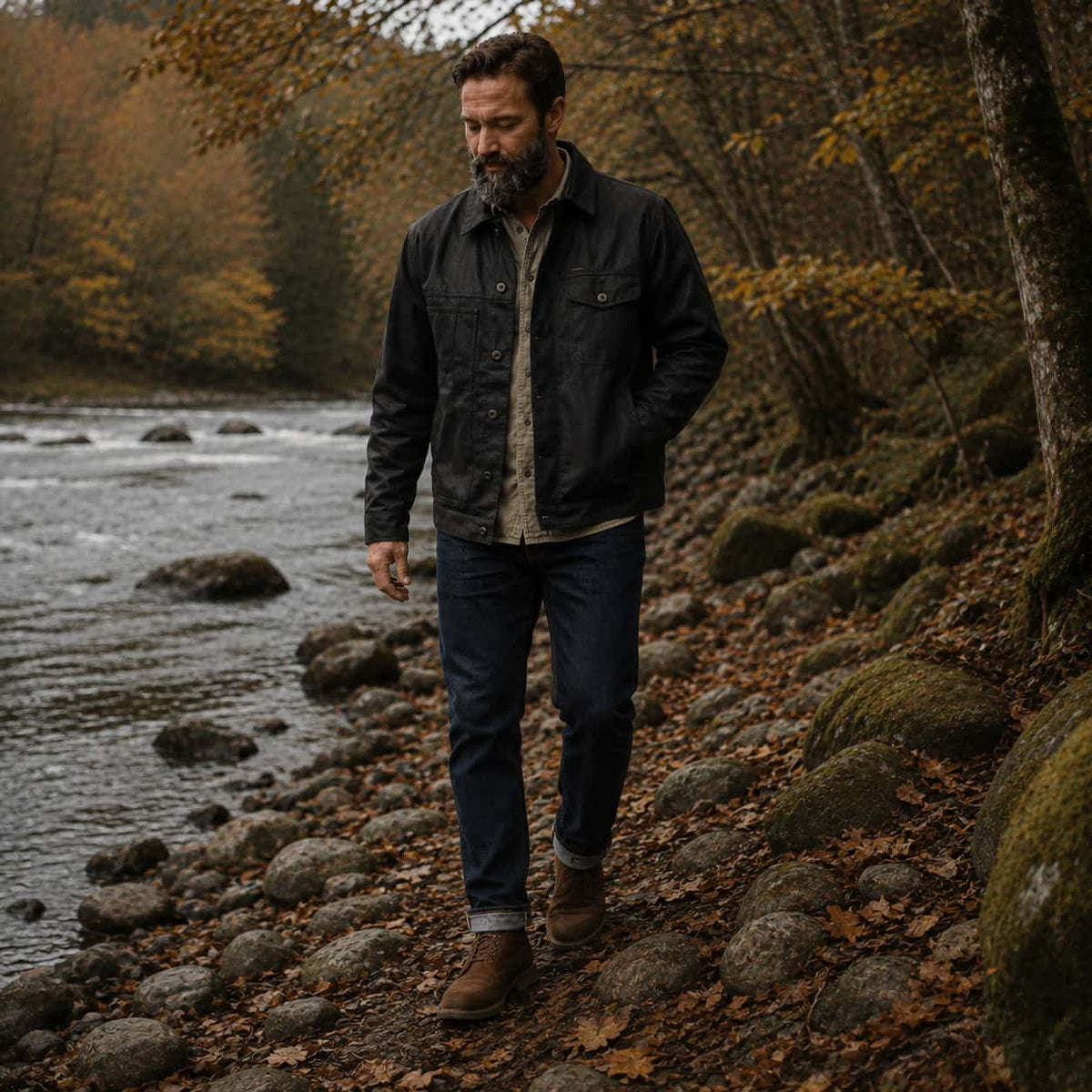 A man with a beard walking along a rocky riverbank in an autumn forest, wearing a Filson jacket and shirt and dark blue jeans.
