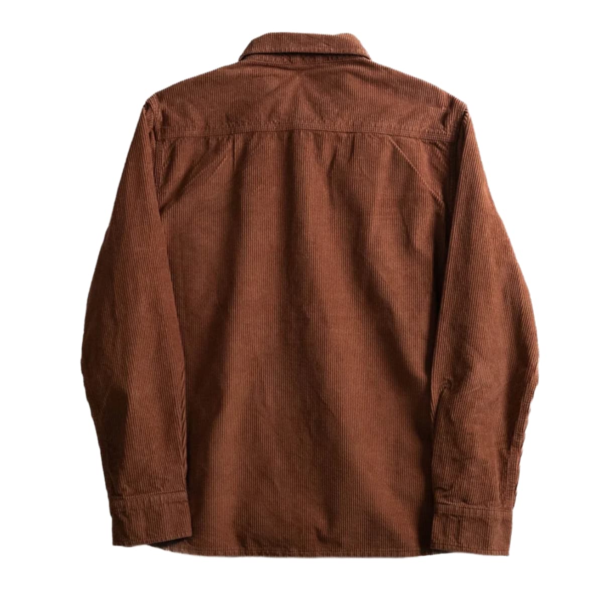 A brown corduroy shirt shown from the back, featuring a classic collar and long sleeves, photographed against a solid white background.