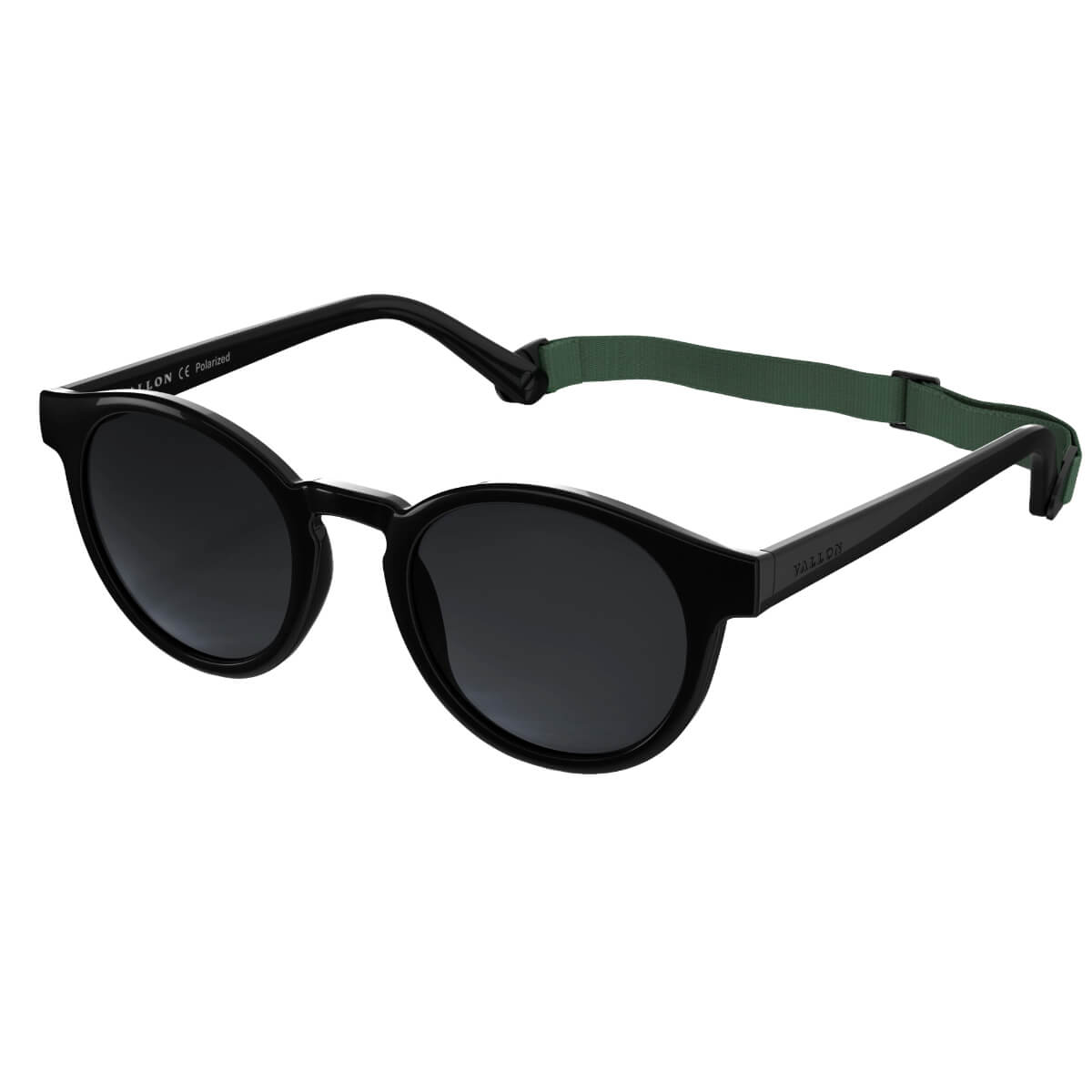 Black sunglasses with a green strap on a white background