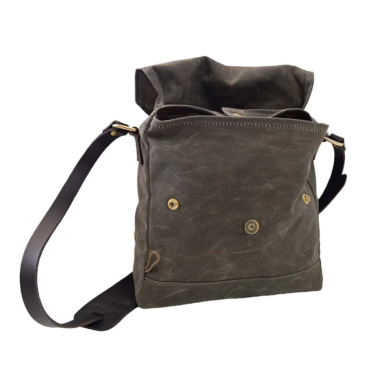 Frost River Archaeologist Satchel waxed canvas messenger bag with a black leather shoulder strap and brass-tone hardware, shown on a plain white background.