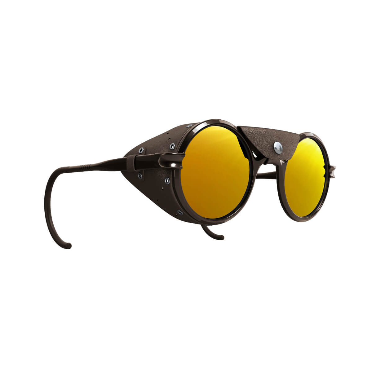Steampunk-style sunglasses with yellow lenses on a white background