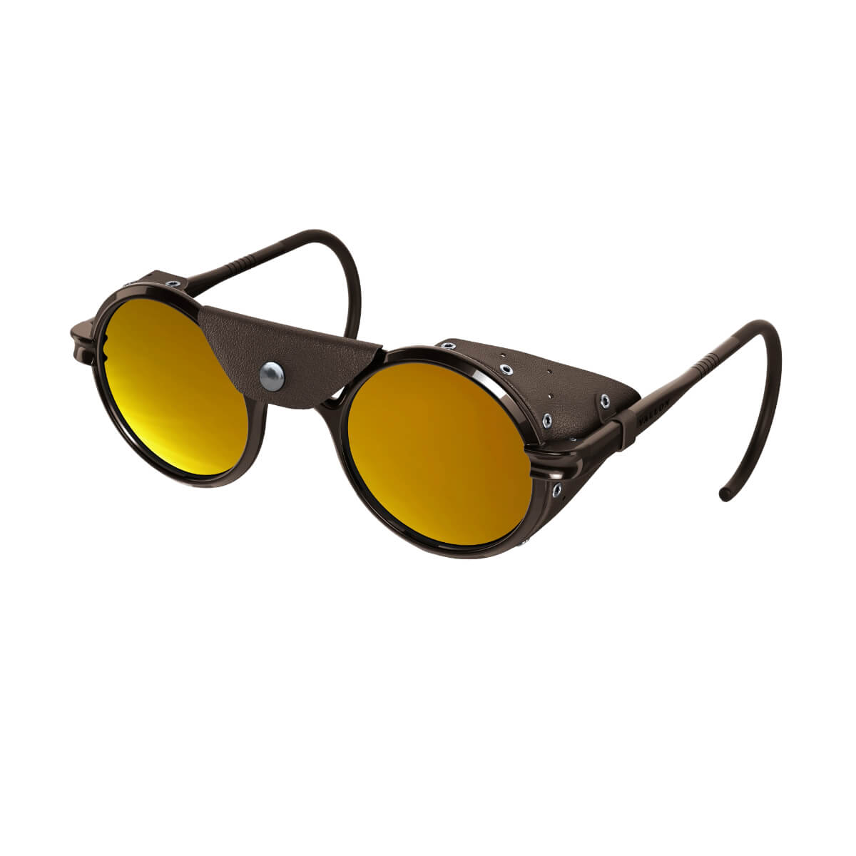 Steampunk-style sunglasses with yellow lenses on a white background