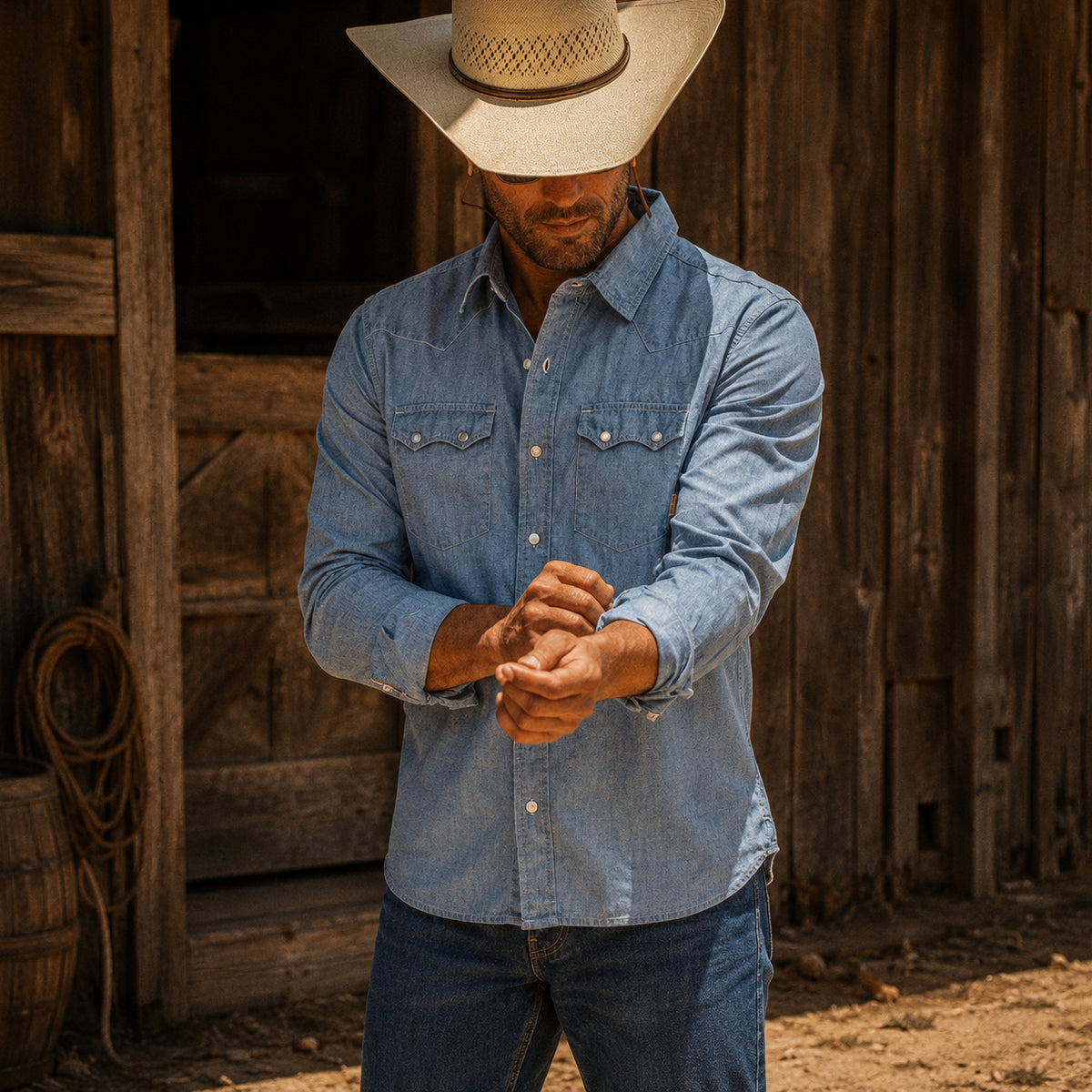 A man wearing a light blue chambray western shirt and a cowboy hat stands in front of a rustic wooden barn door, adjusting his shirt cuffs.