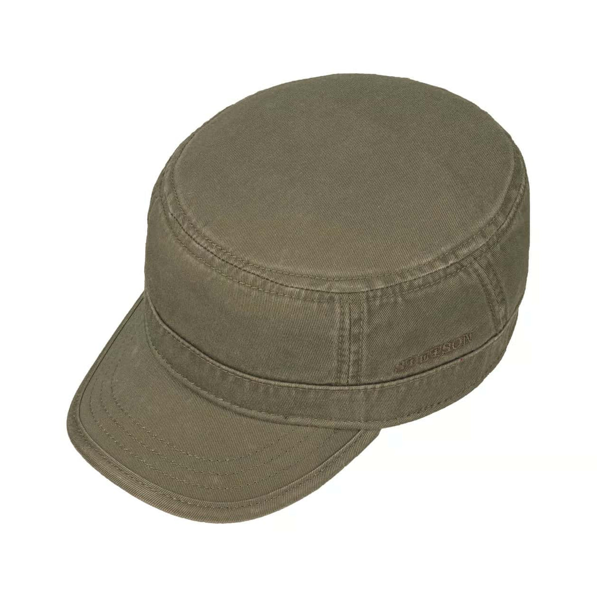 An olive green military-style cap with a structured crown and curved brim, shown on a plain white background.