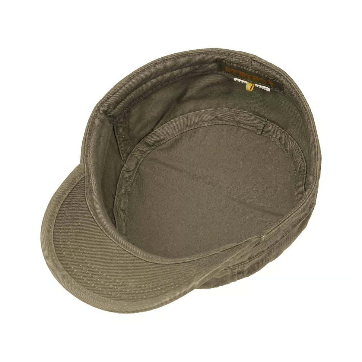 An olive green military-style cap shown from an overhead angle, highlighting the interior crown and curved brim against a plain white background.
