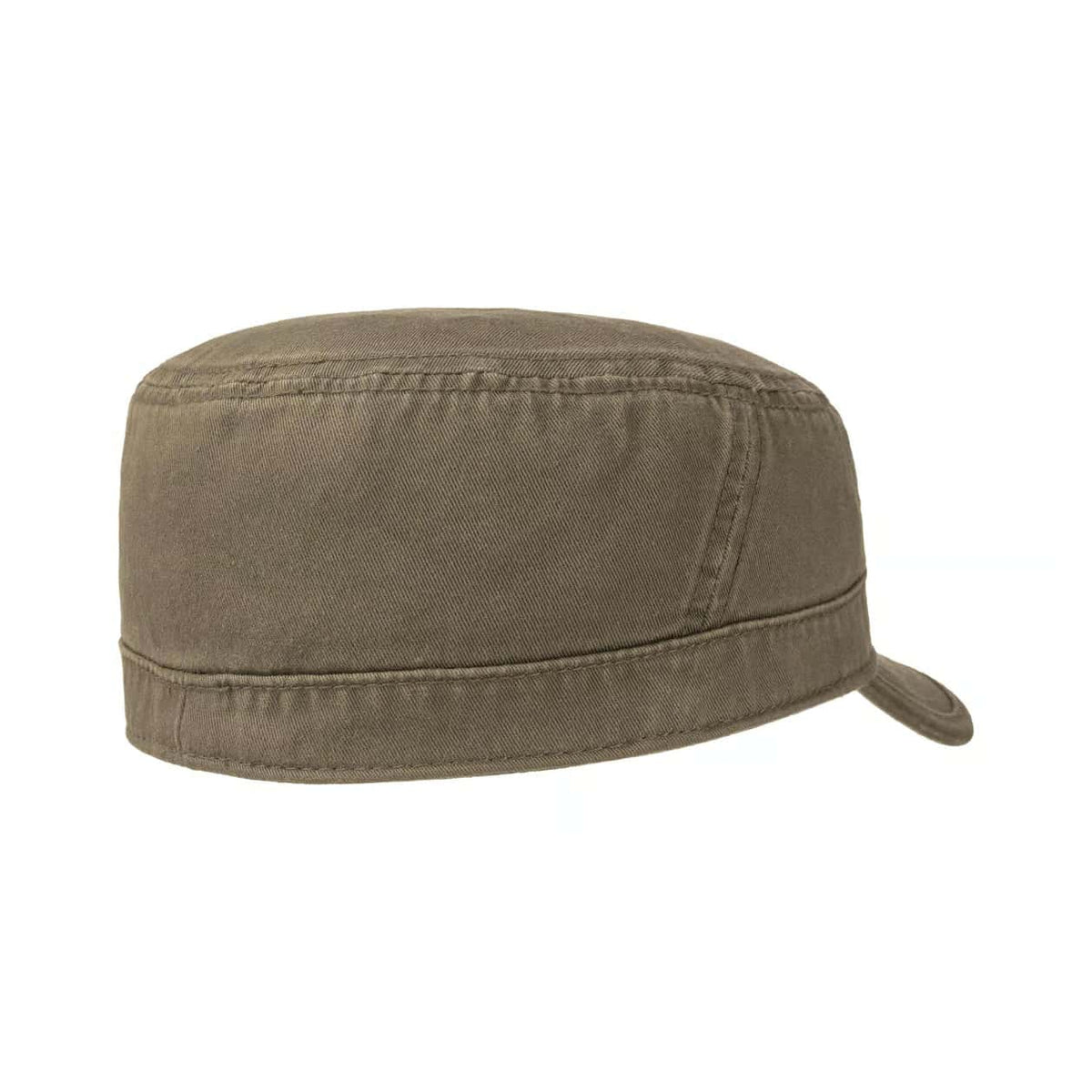 A plain olive drab military-style cap with a curved brim, shown from a side profile on a white background.