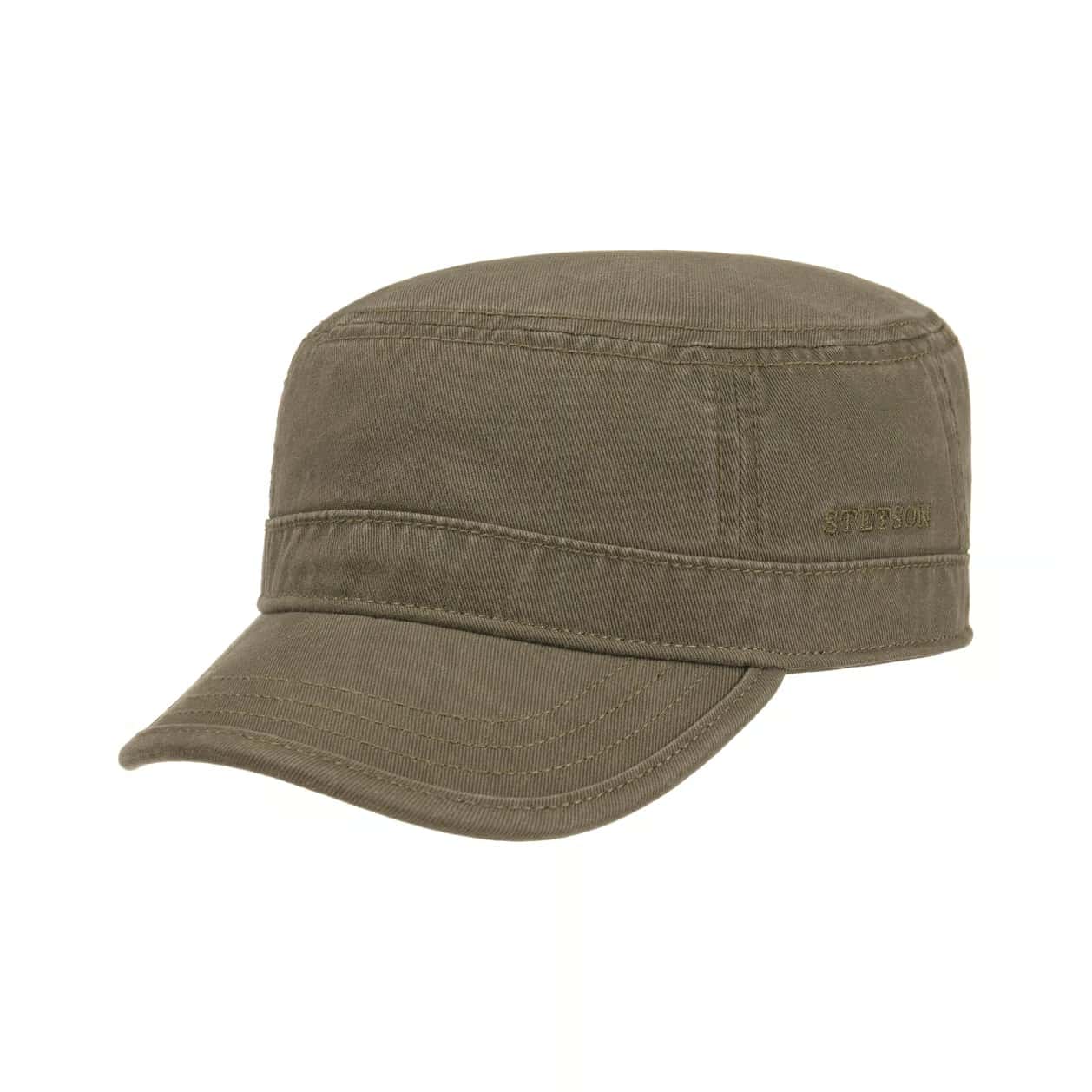 A Stetson olive green military-style cap with a curved brim, shown from a three-quarters angle on a plain white background.