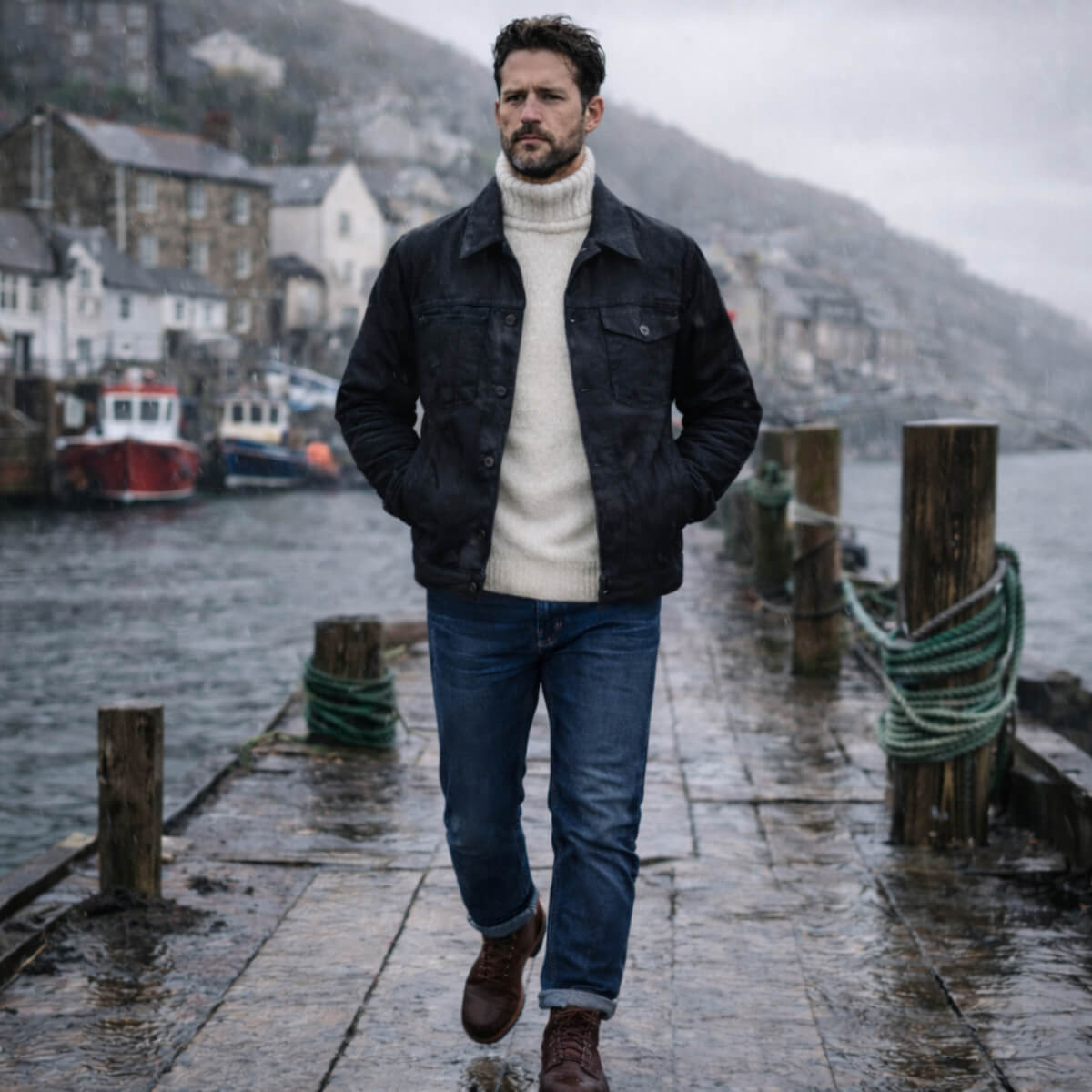 Man standing on a dock with a harbor and mountains in the background