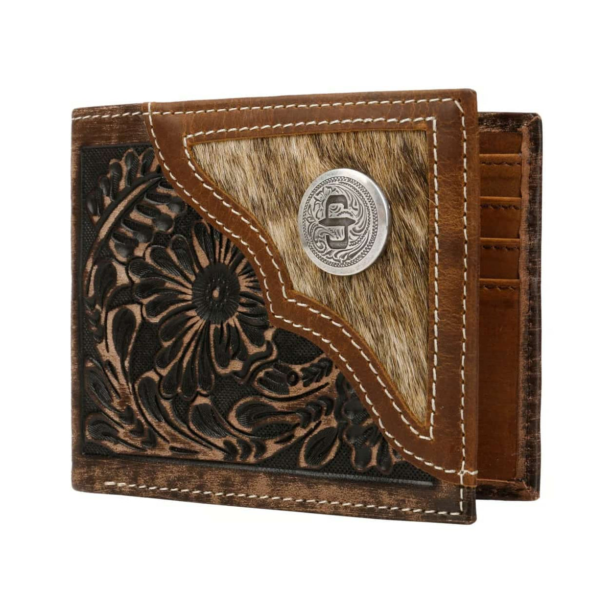 Brown leather wallet with floral embossing and metallic emblem on a white background
