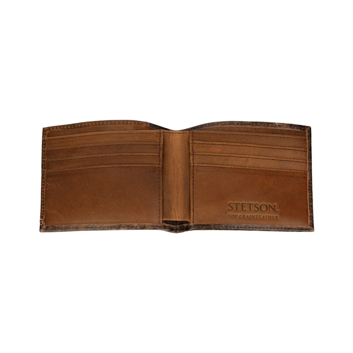 Brown leather wallet with 'Stetson' branding on a white background