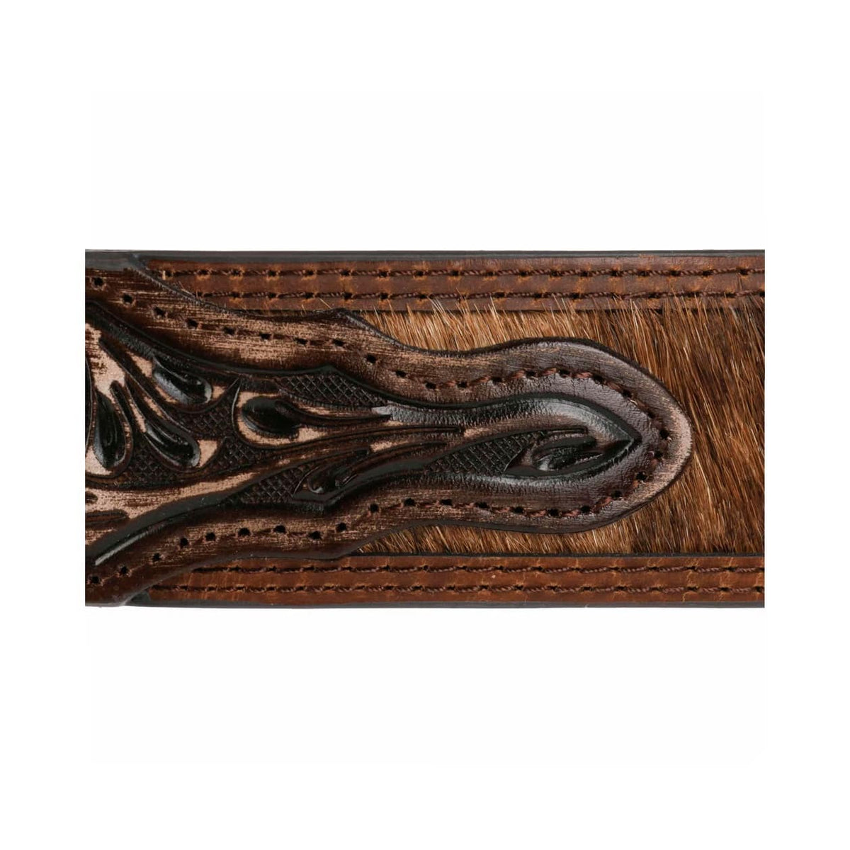 Close-up of a Stetson western belt with intricate carvings on a white background