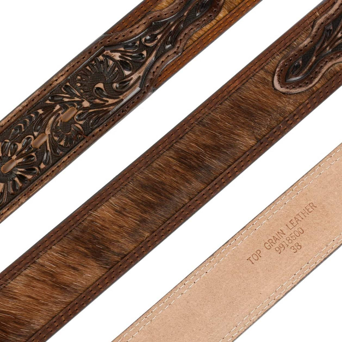 Close-up of a brown leather belt with intricate designs on a white background