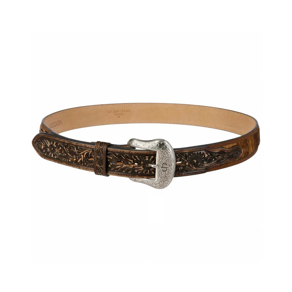 Brown leather belt with intricate design and silver buckle on a white background