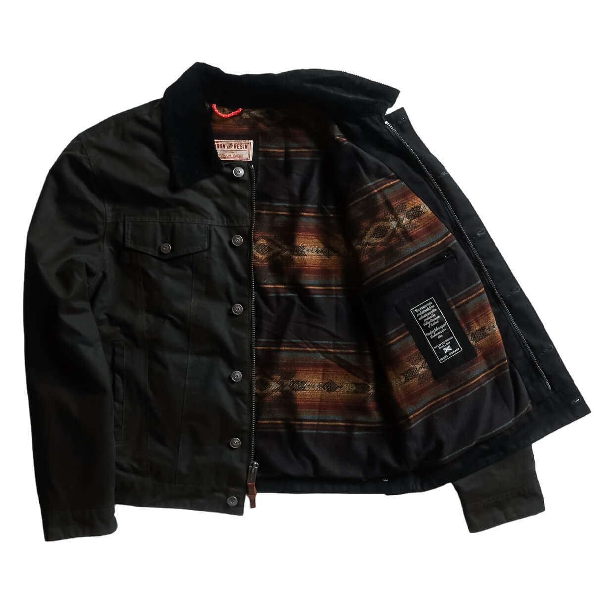 Black jacket with patterned lining on a white background