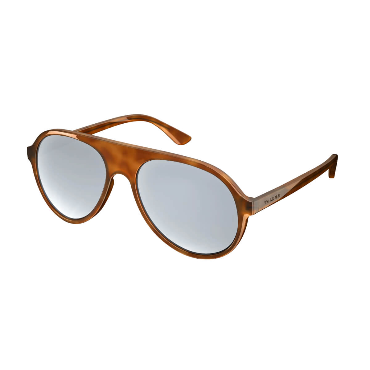 Brown sunglasses with reflective lenses on a white background