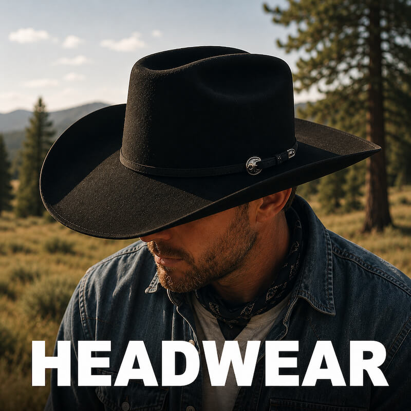 Man wearing a black Stetson cowboy hat with a scenic background