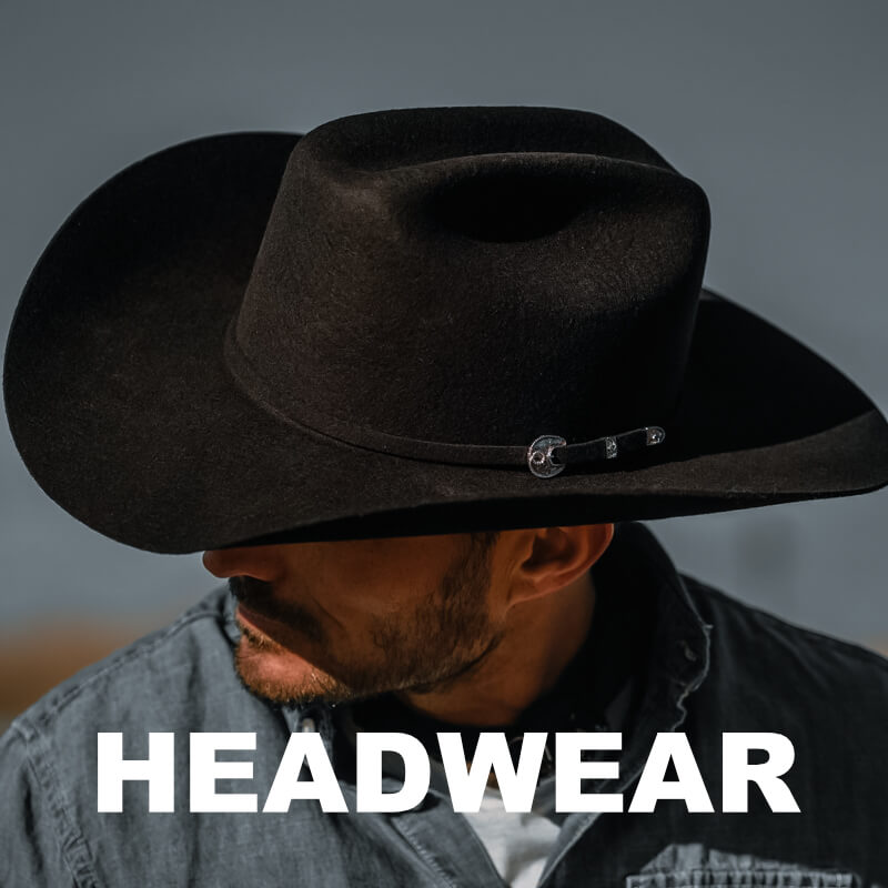 Man wearing a black cowboy hat with 'HEADWEAR' text overlay on a gray background