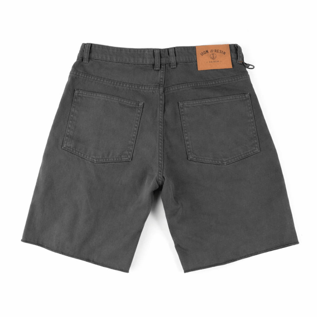 Back view of gray shorts with a brand label on a white background