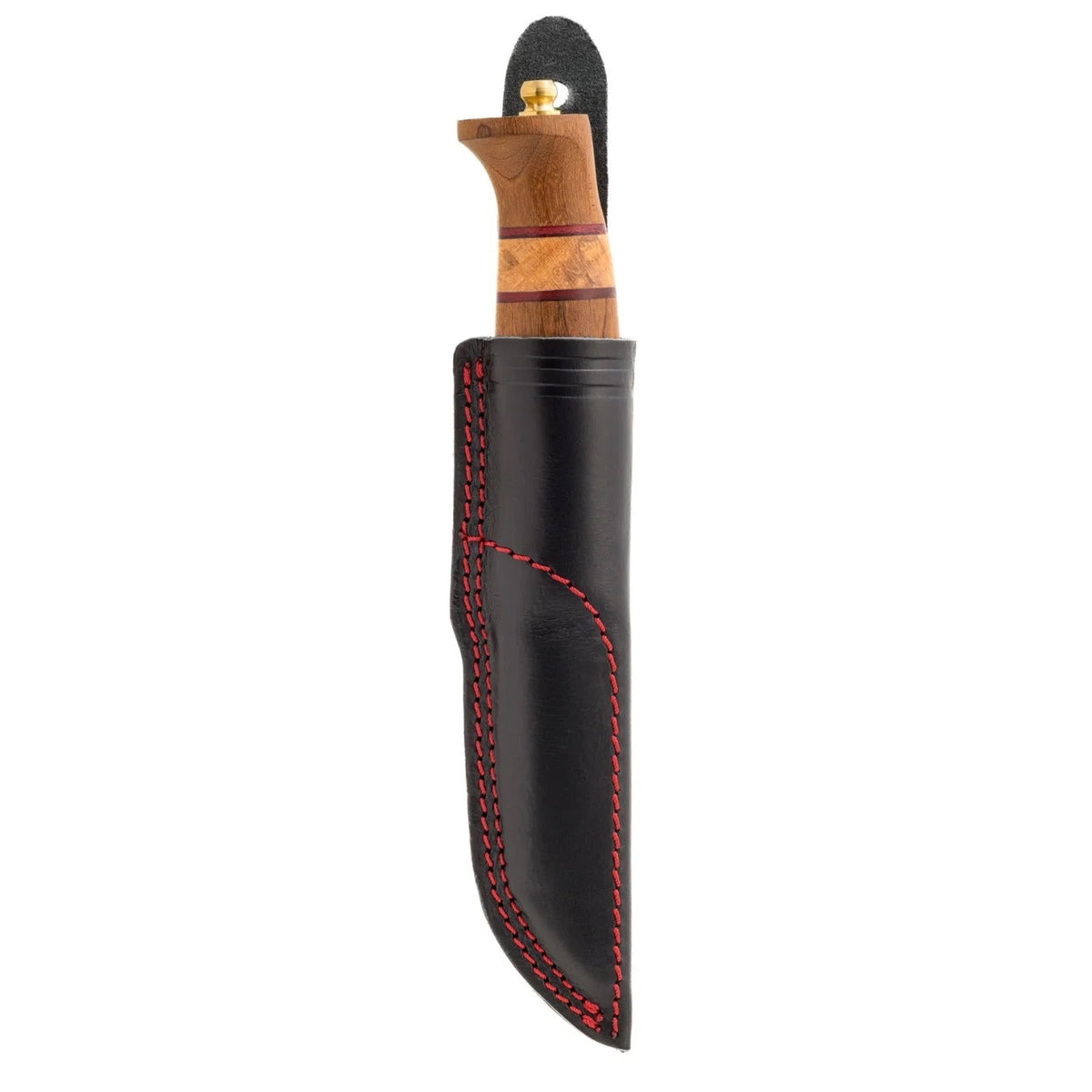 Black leather knife sheath with red stitching on a white background