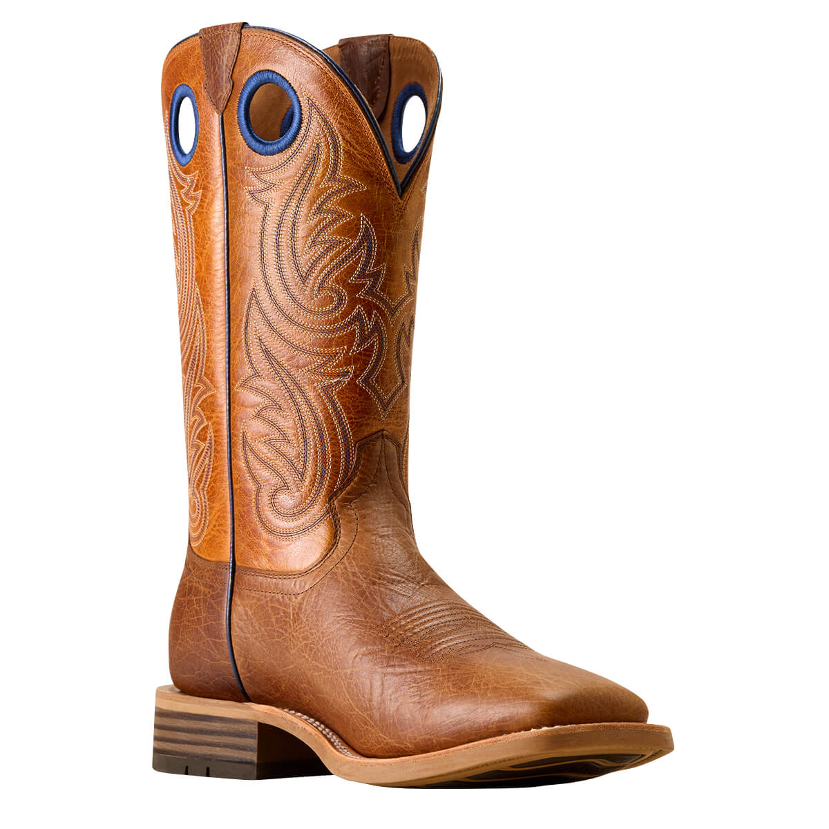 Brown cowboy boot with intricate design on a white background