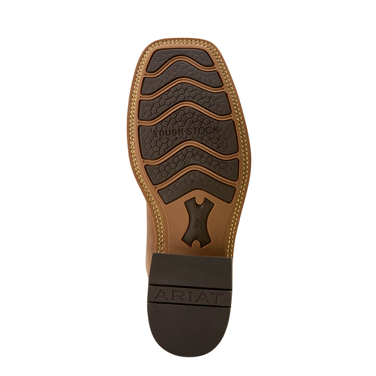 Brown leather boot sole with Ariat branding on a white background