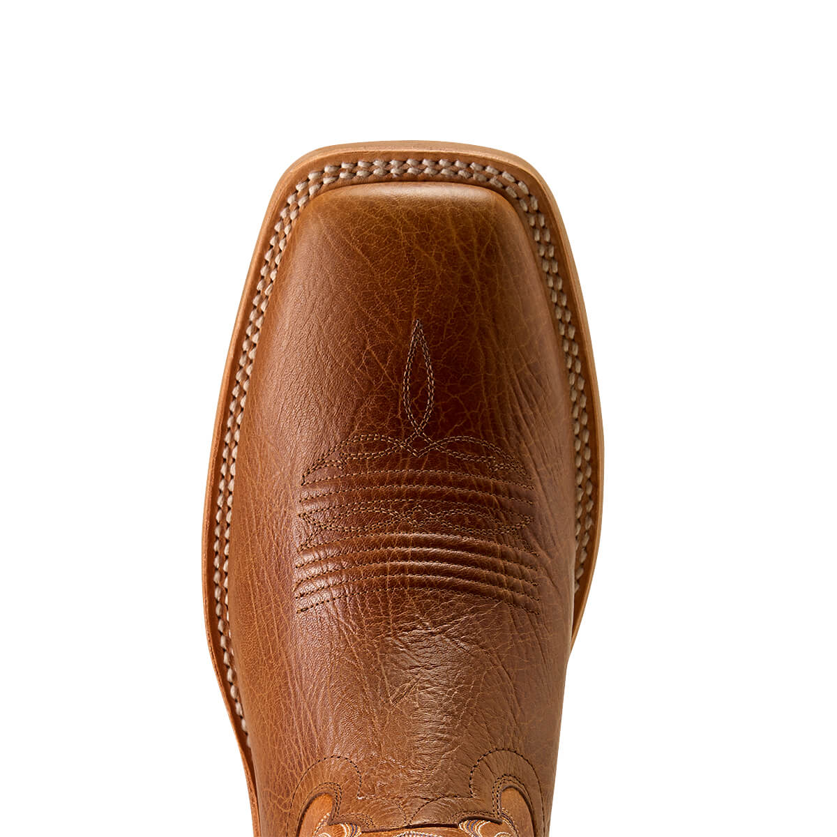 Close-up of a brown leather boot with detailed stitching on a white background