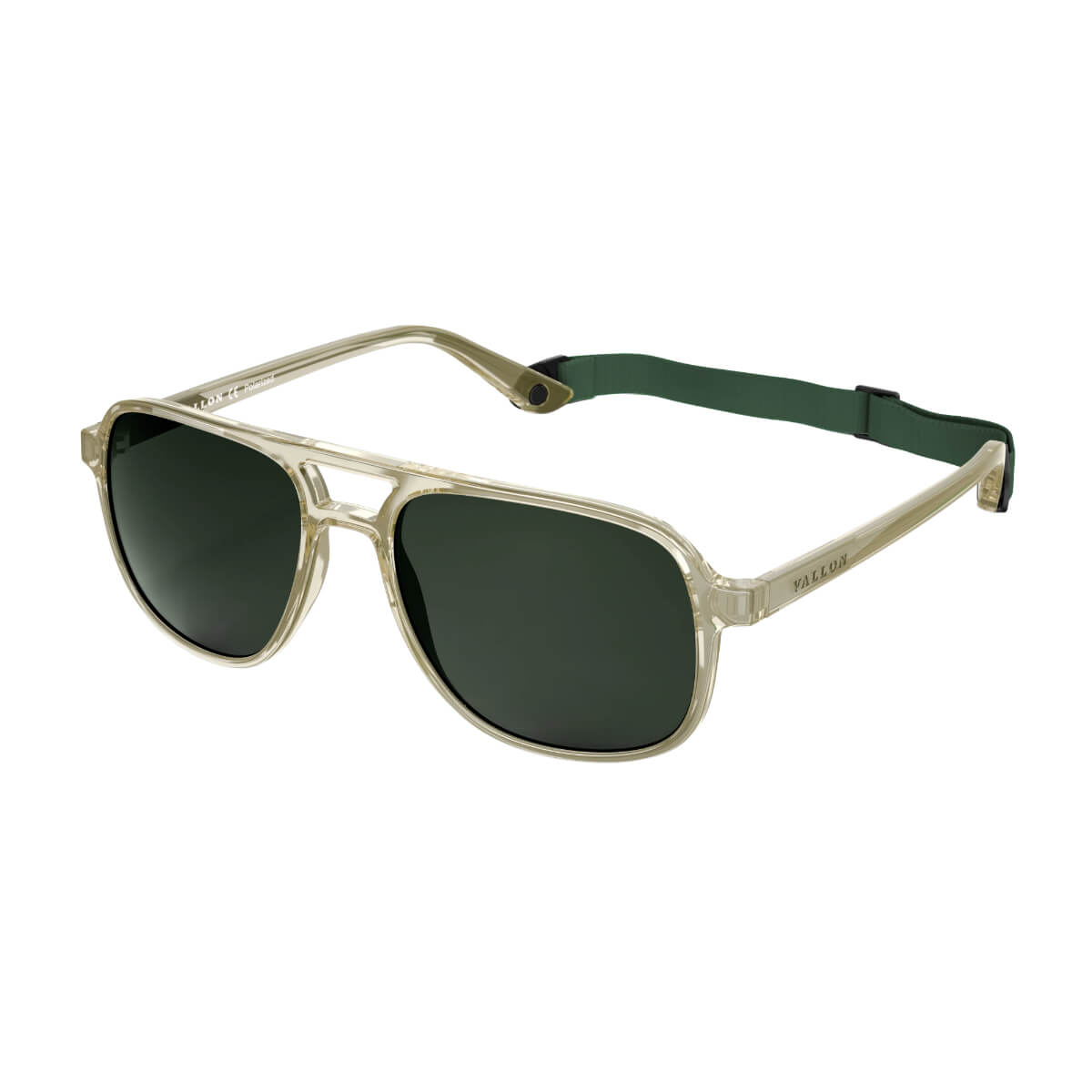 Aviator sunglasses with a green strap on a white background