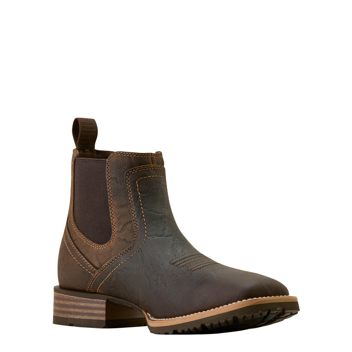 Brown leather boot with a white background