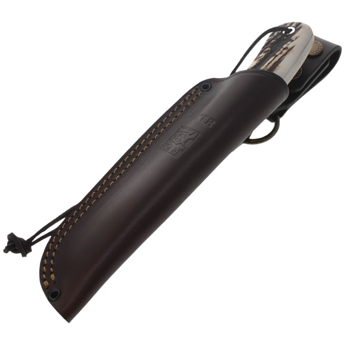 Black leather knife sheath with metal clip on a white background