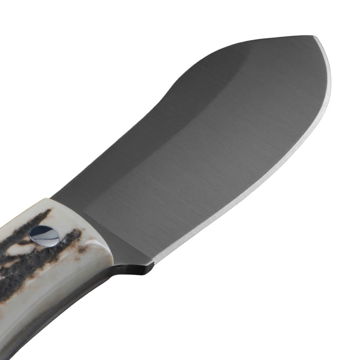 Knife with a stonewashed blade and antler handle on a white background